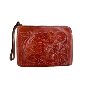 Patricia Nash tooled leather wristlet zip wallet purse brown cassini florence